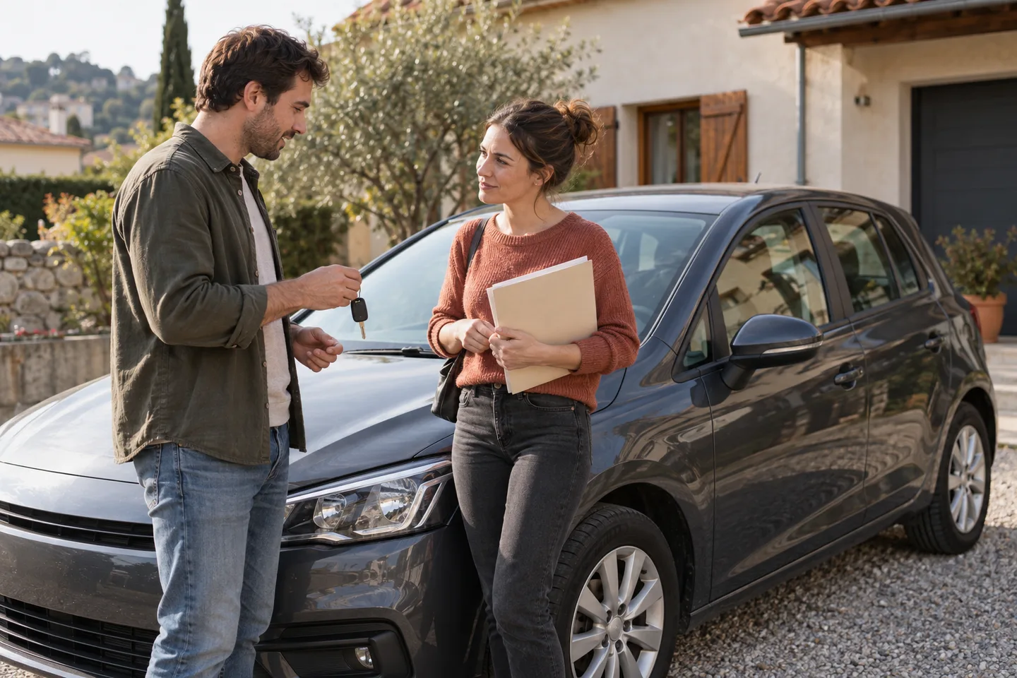 Acheteur comparant deux dossiers de vente avec une voiture d’occasion devant une agence locale.