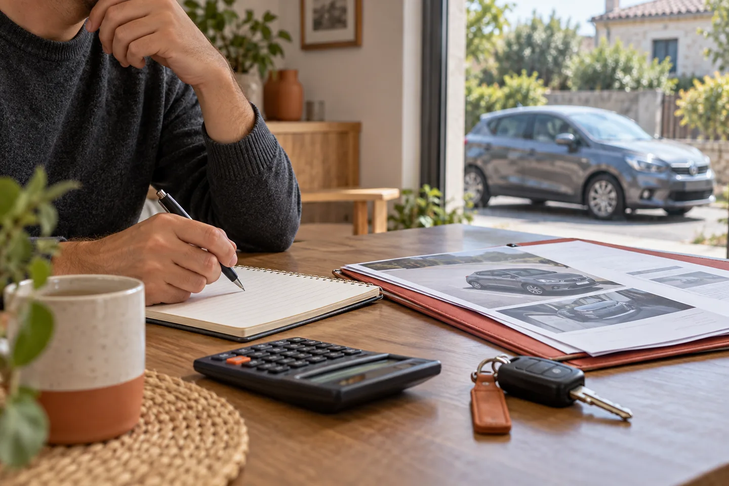 Acheteur compare le prix d’une voiture d’occasion et un budget écrit dans un carnet.