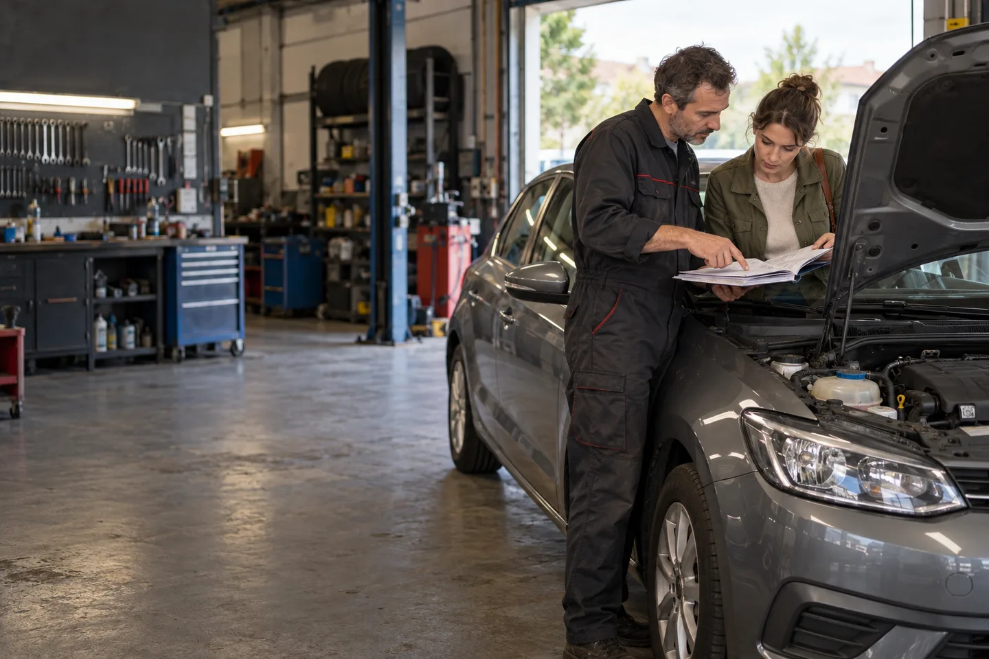 Inspection d’une voiture d’occasion dans un garage indépendant, avec le capot ouvert et un mécanicien aux côtés de l’acheteur.