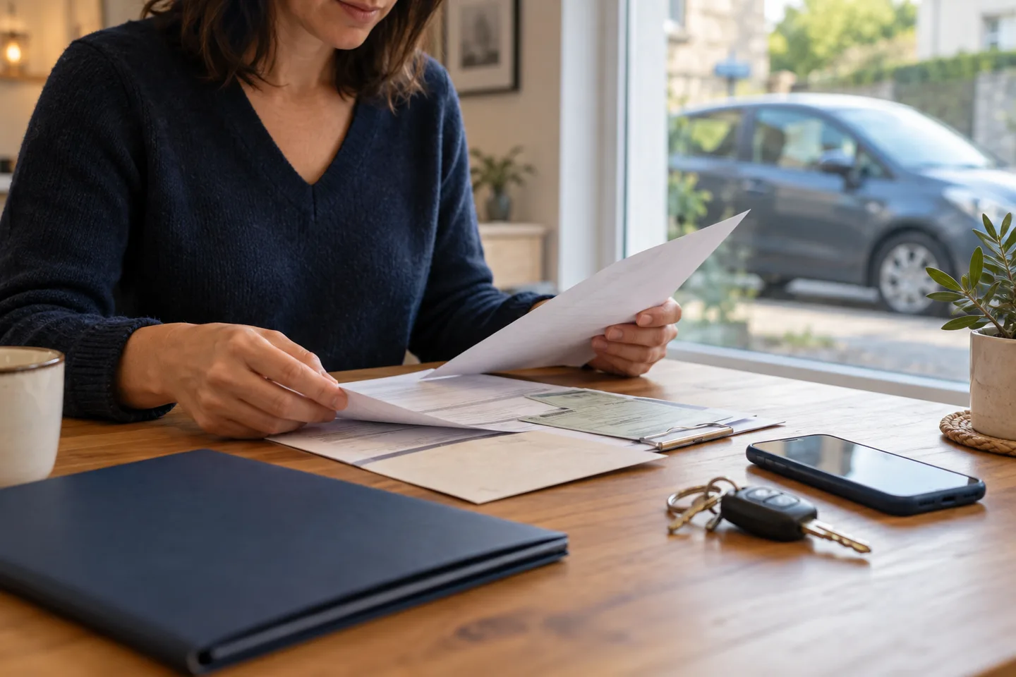 Des clés de voiture et des documents sont préparés avant de contacter un assureur, avec le véhicule visible à l’extérieur.