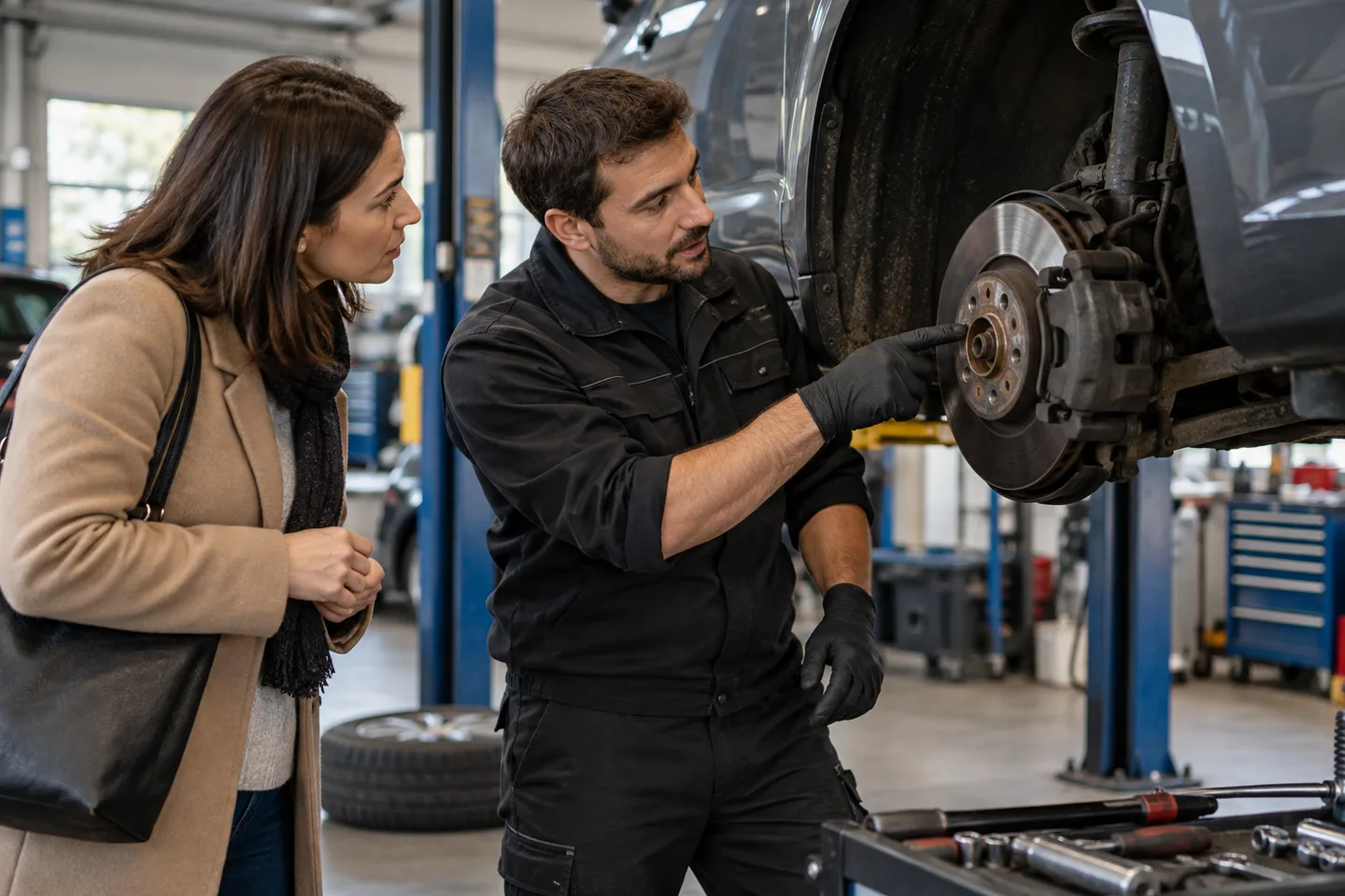 Mécanicien et automobiliste discutent d’un frein inspecté dans un garage indépendant.