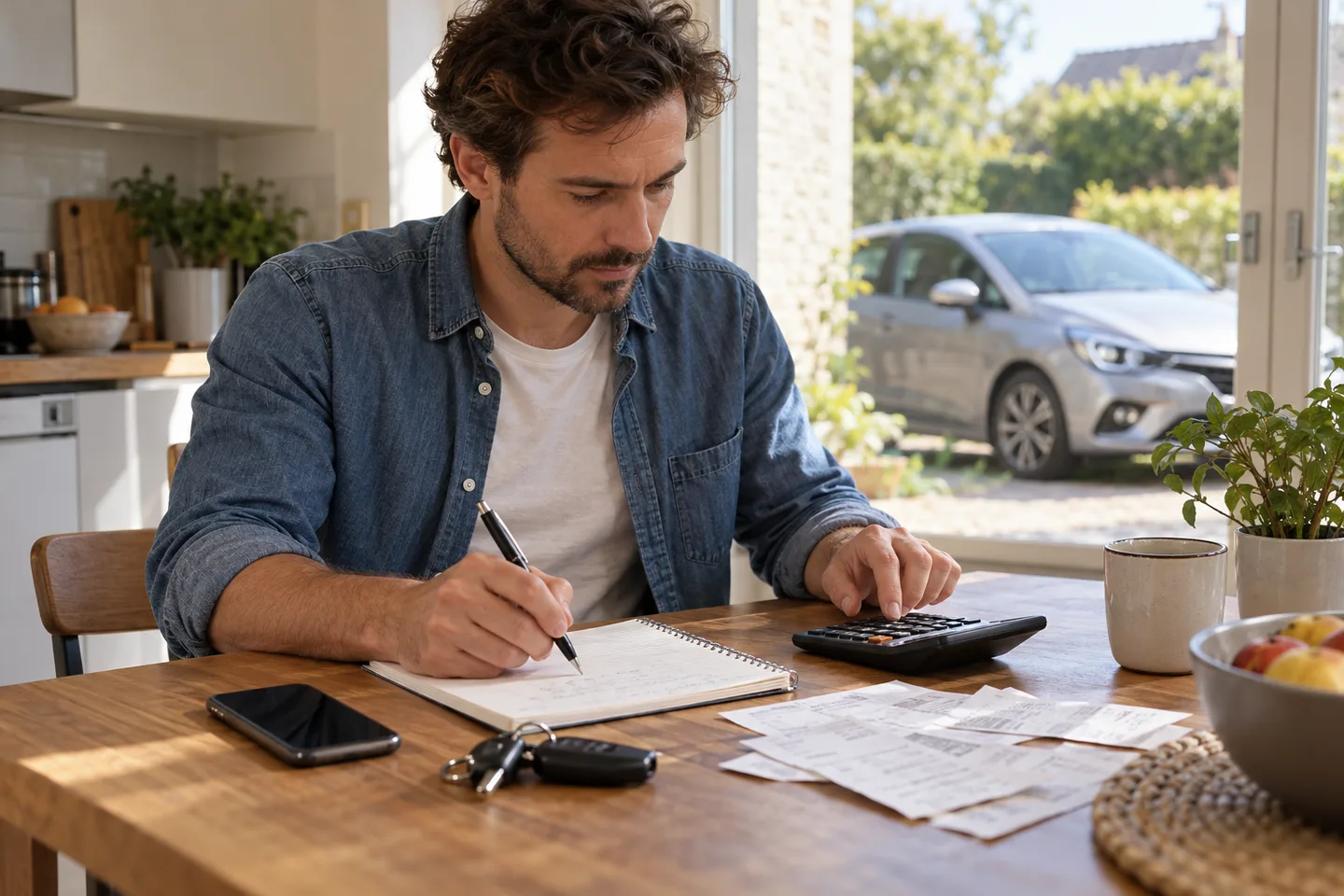 Conducteur calcule son budget carburant à la maison avec carnet, calculatrice et clés.