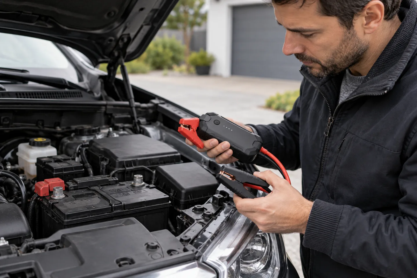 Une personne manipule les pinces d’un booster de démarrage près d’une batterie, capot de voiture ouvert.