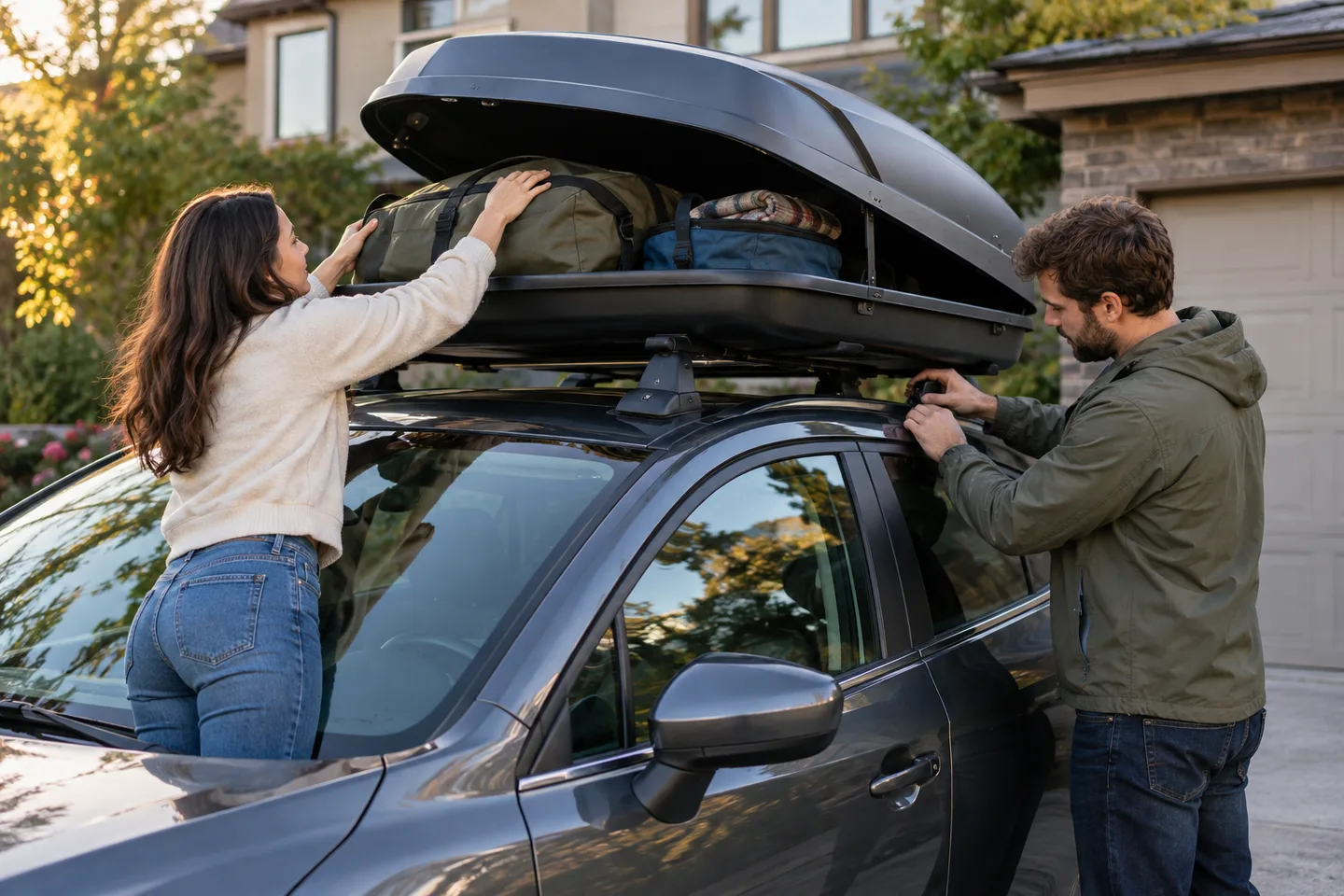 Couple vérifiant les fixations d’un coffre de toit sur une voiture compacte avant un voyage.