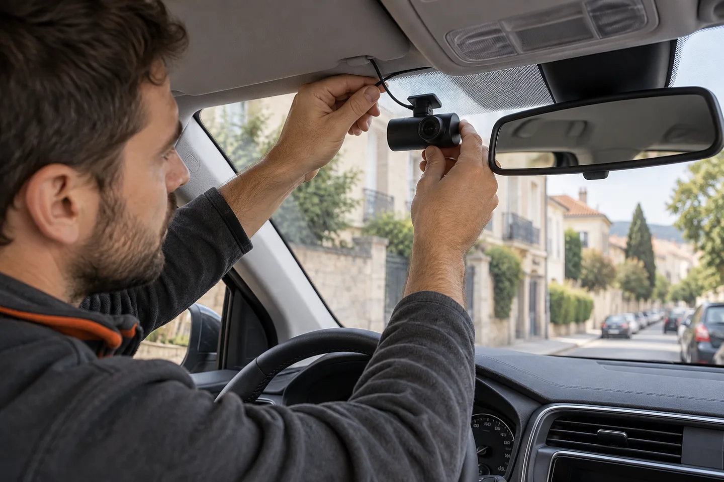 Automobiliste installe une petite caméra embarquée près du rétroviseur intérieur.