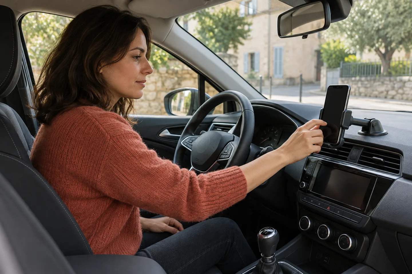 Conductrice règle un support de téléphone fixé au tableau de bord d’une voiture stationnée.
