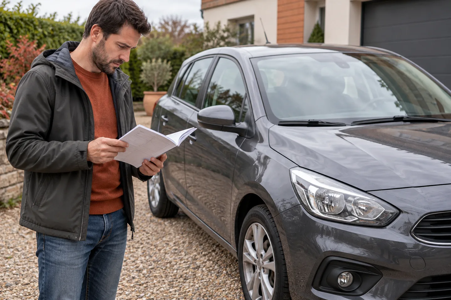 Personne qui compare ses critères et son budget près d’une voiture compacte dans une allée résidentielle.