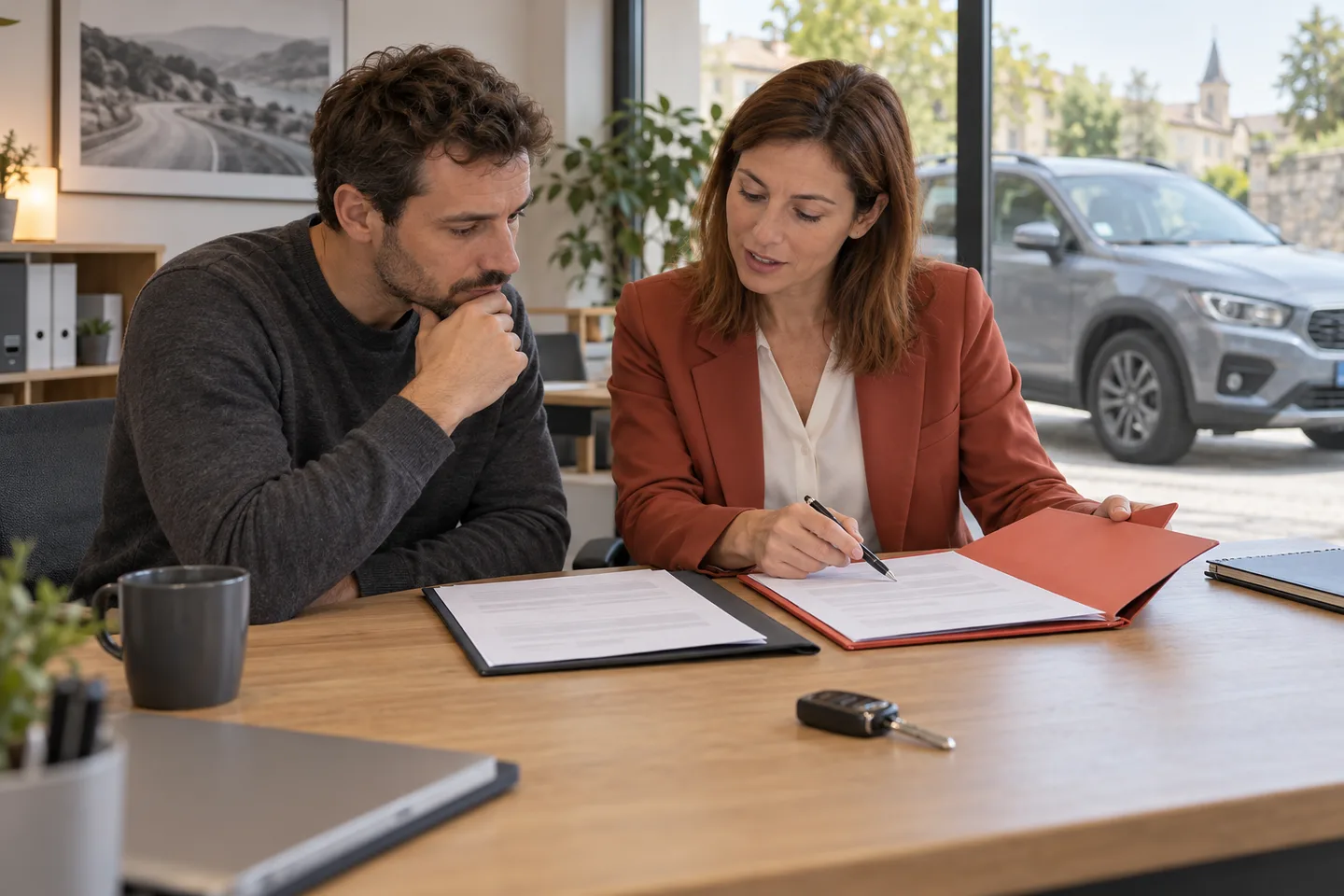 Conducteur et conseillère étudient ensemble des garanties d’assurance auto à une table.