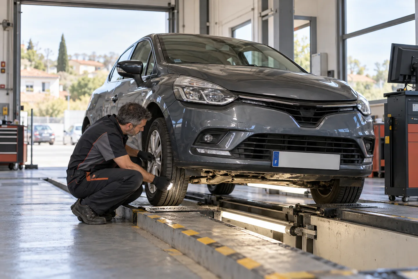 Technicien inspectant une voiture compacte dans un centre de contrôle automobile.