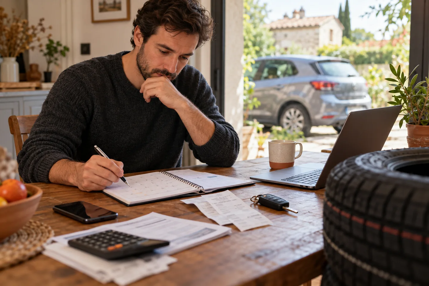 Un automobiliste note ses dépenses de voiture à une table, avec ses clés et son véhicule visibles par la fenêtre.