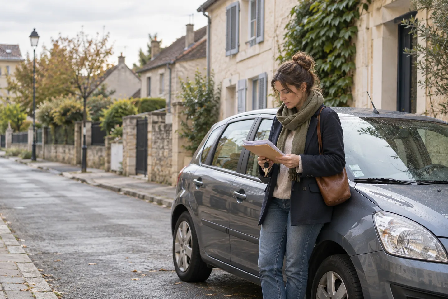 Une automobiliste consulte ses documents près de sa voiture stationnée dans une rue résidentielle.