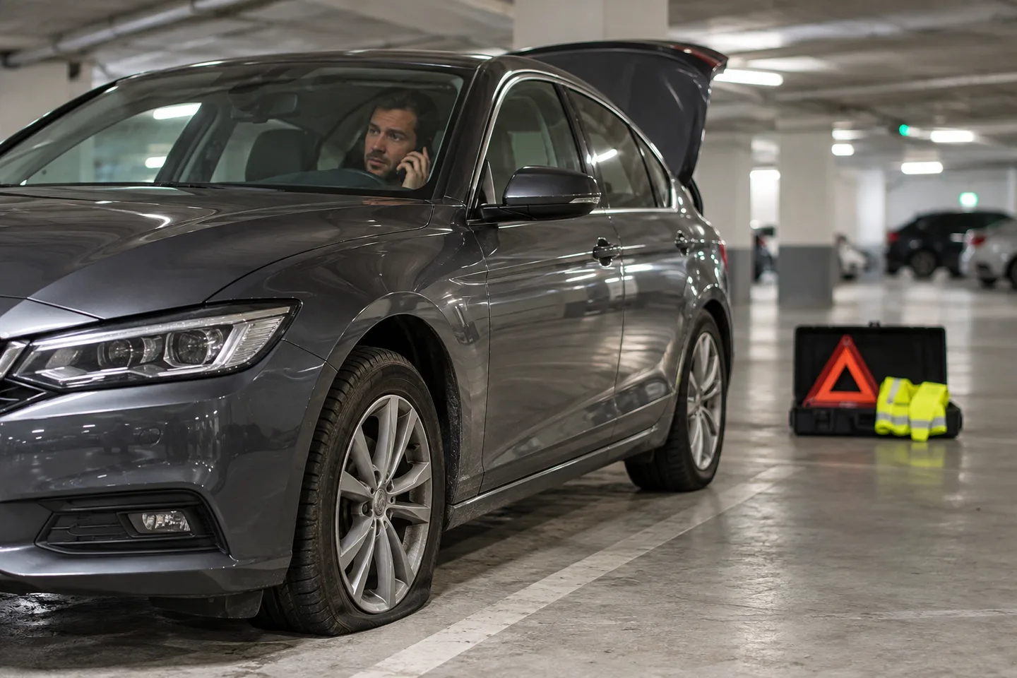 Voiture garée dans un parking sûr avec un pneu à plat, conducteur appelant l’assistance.