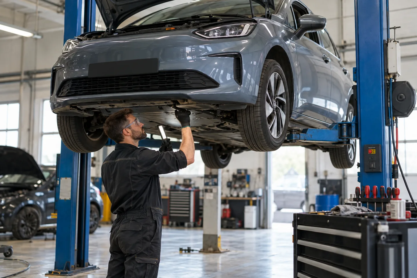 Mécanicien inspectant une voiture électrique ordinaire dans un atelier indépendant.