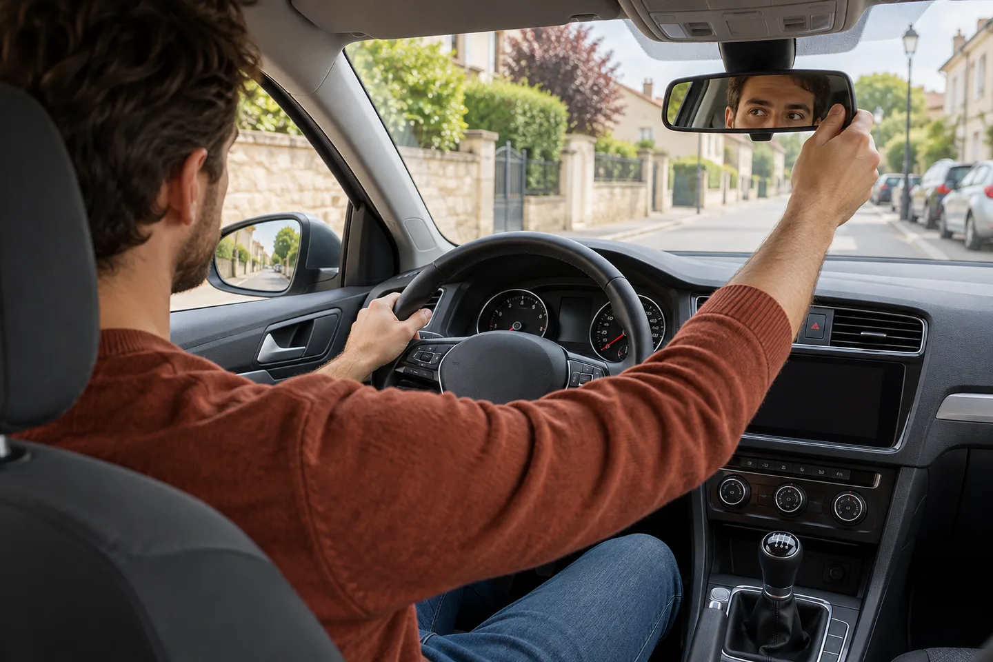 Conducteur réalisant un essai calme d’une voiture compacte sur une route résidentielle.