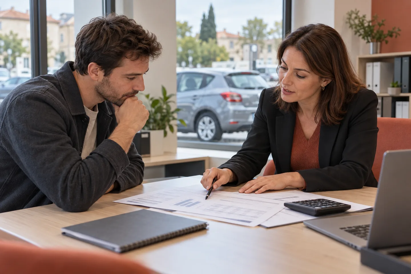 Couple examine le financement d’une voiture d’occasion avec une conseillère, documents et calculatrice.
