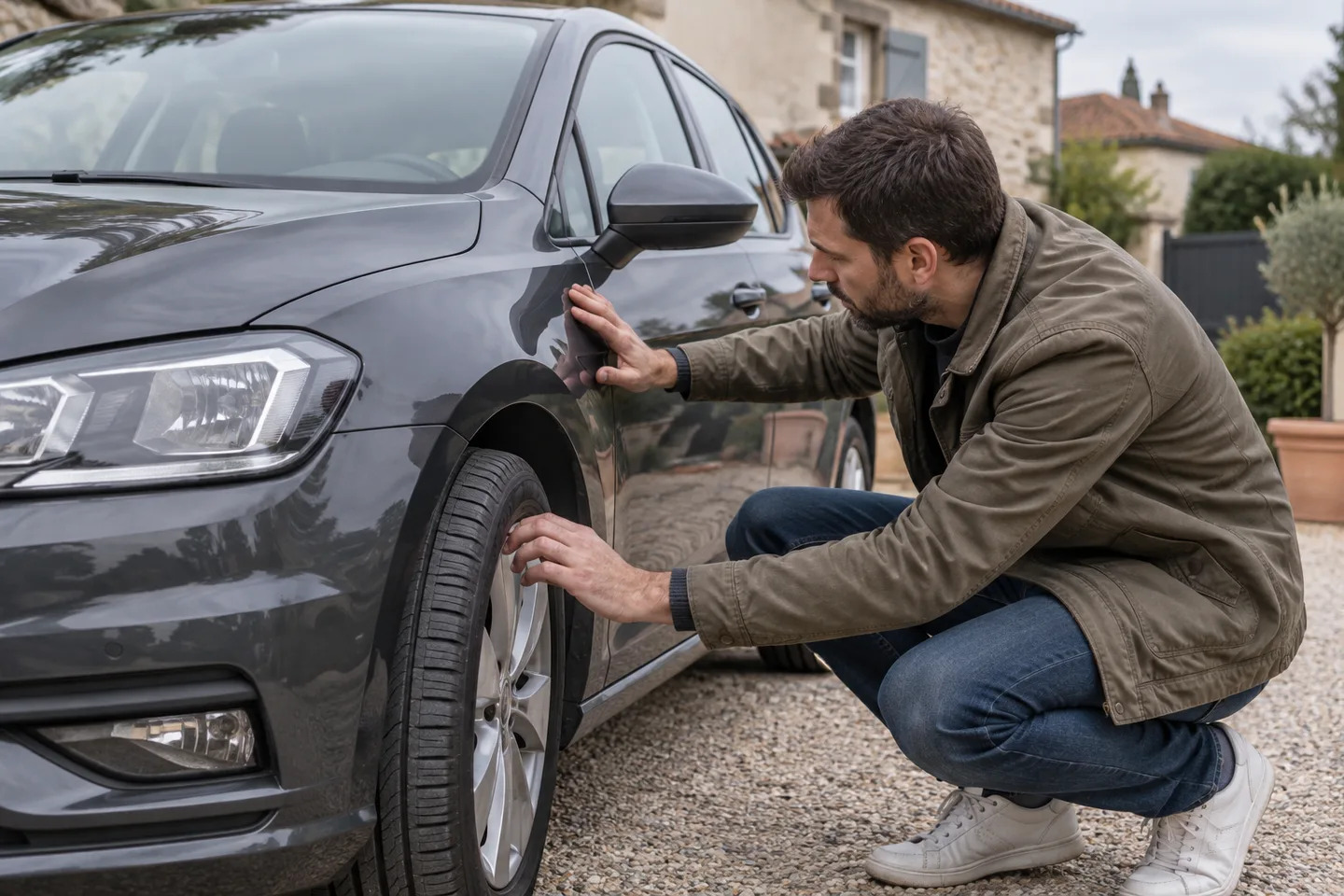 Acheteur et mécanicien inspectant une voiture d’occasion dans un atelier indépendant.