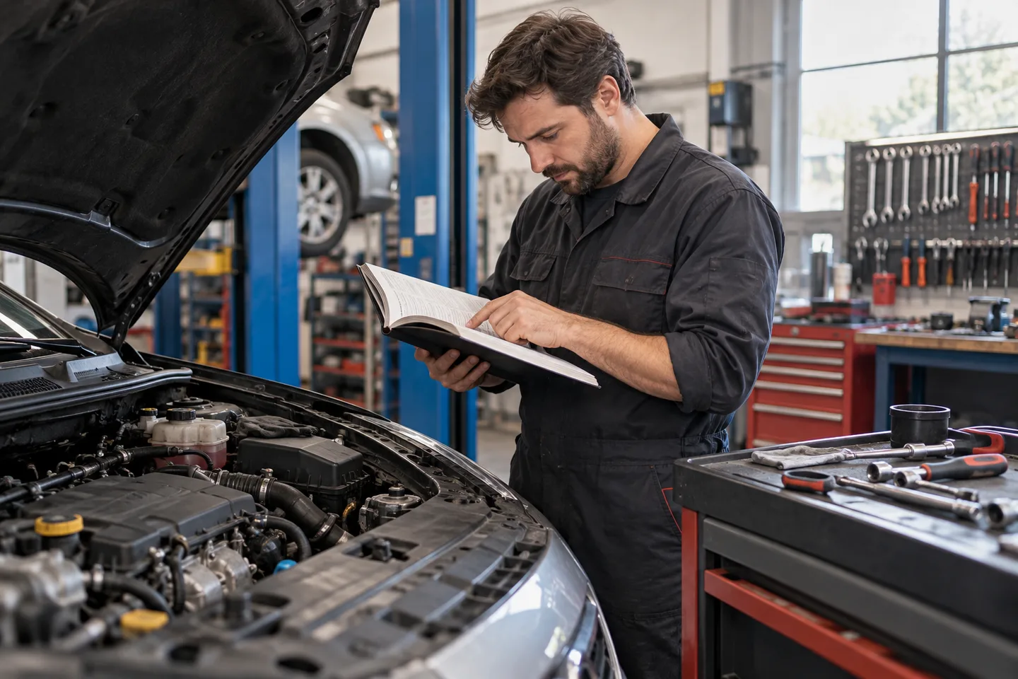 Mécanicien consulte un carnet d’entretien près d’un moteur dans un atelier automobile.