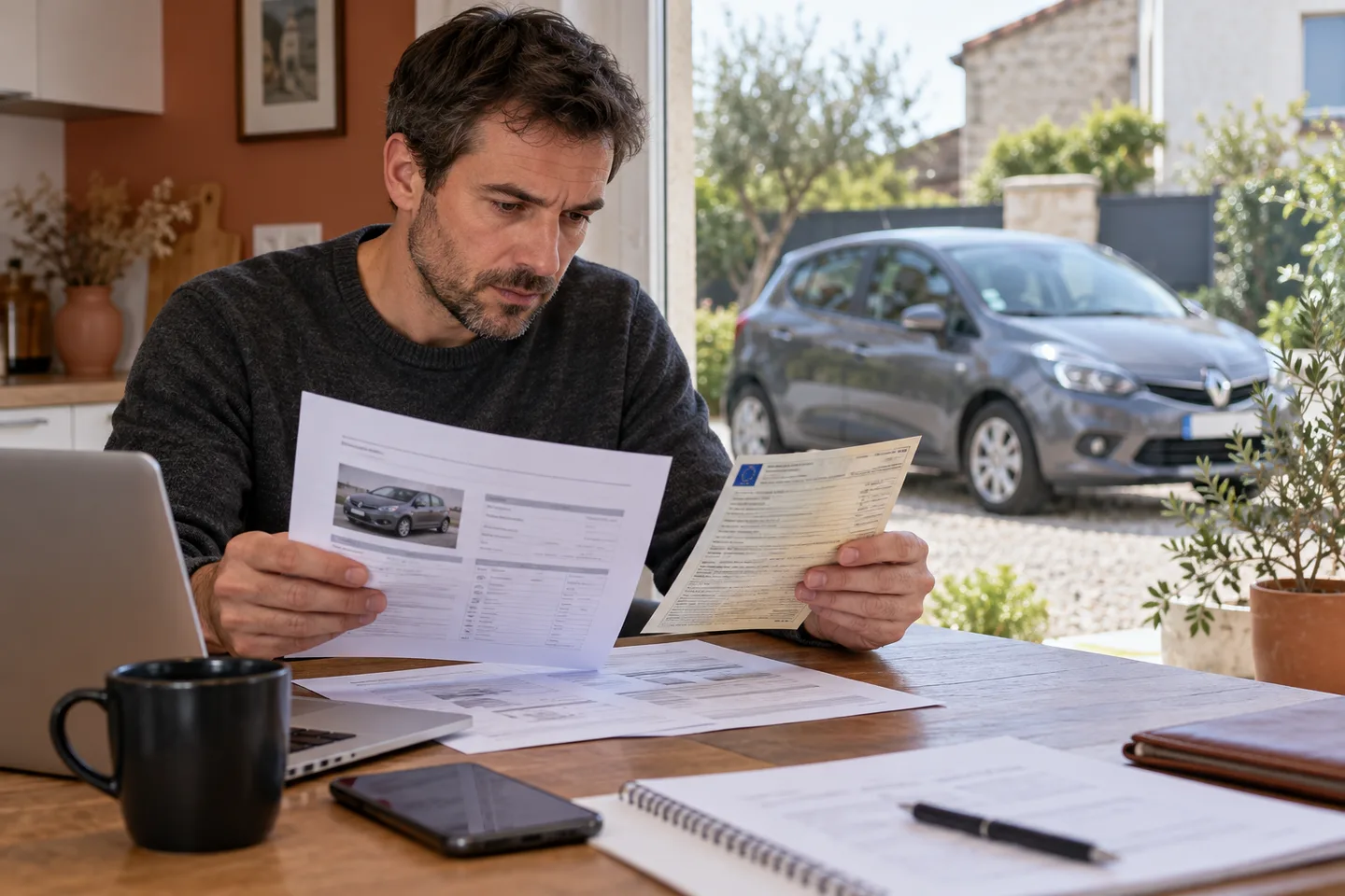 Acheteur qui consulte un historique de véhicule avec une voiture d’occasion visible en arrière-plan.