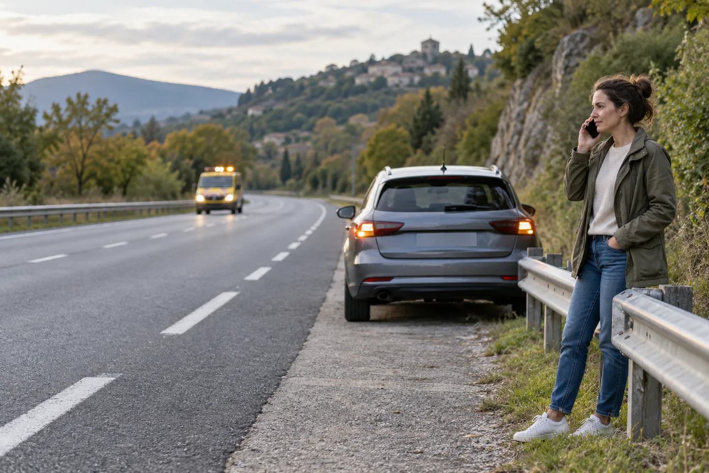 Un conducteur attend en sécurité derrière une glissière après l’arrêt de sa voiture, tandis qu’un véhicule d’assistance approche.