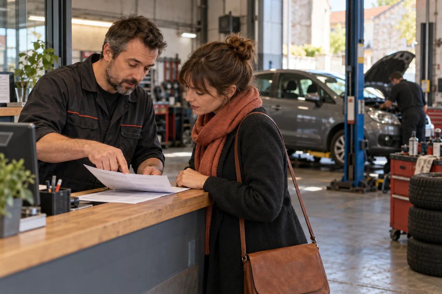 Automobiliste et garagiste comparant un devis d’entretien dans un atelier indépendant.